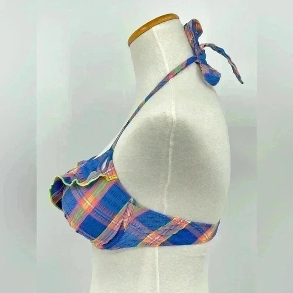 Victoria's Secret Swim Halter Bikini Plaid Neon Bra Top 34C - Picture 2 of 6